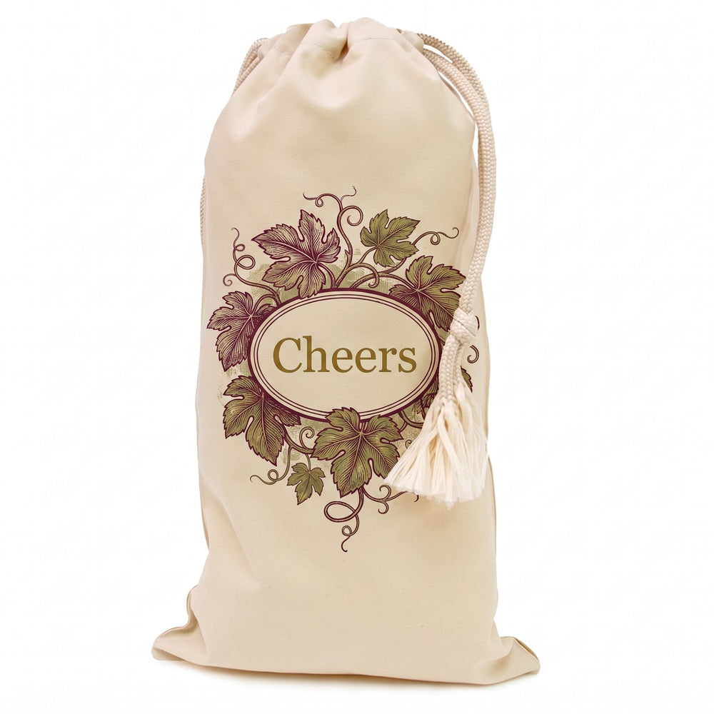 Natural cotton wine bottle bag printed with a hand-engraved grapevine and tendrils framing an oval cartouche design