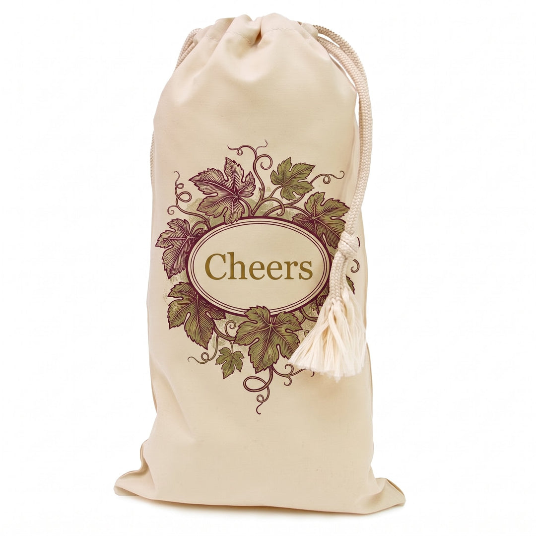 Natural cotton wine bottle bag printed with a hand-engraved grapevine and tendrils framing an oval cartouche design