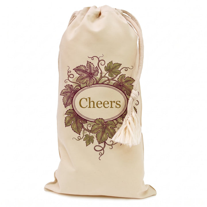 Natural cotton wine bottle bag printed with a hand-engraved grapevine and tendrils framing an oval cartouche design