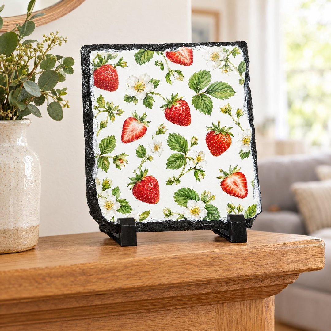 Photo slate, square 14cm x 14cm, printed with ripe strawberries and blossom, on a wooden mantelpiece