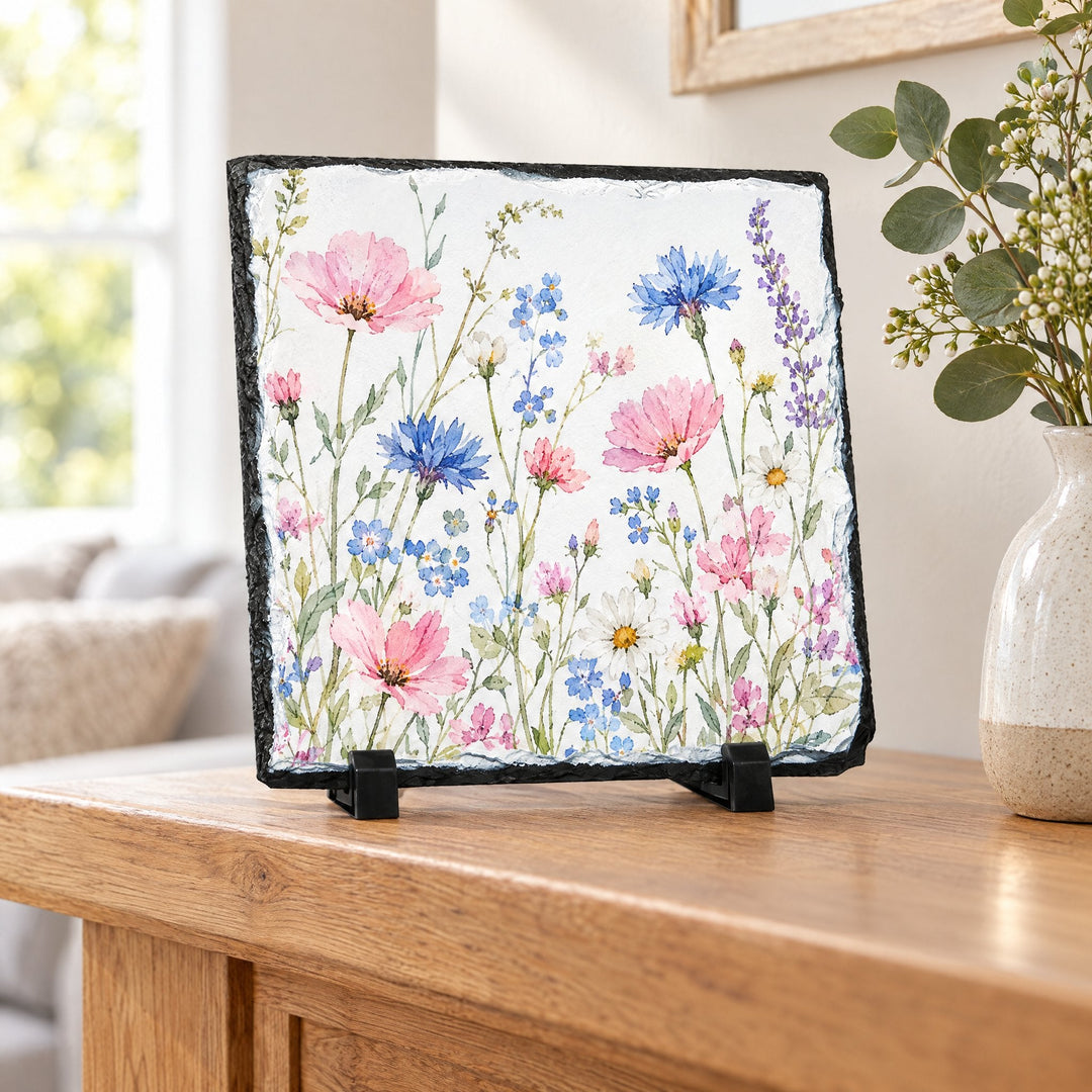 Photo slate, square 19cm x 19cm, printed with watercolour wildflowers, on a wooden mantelpiece