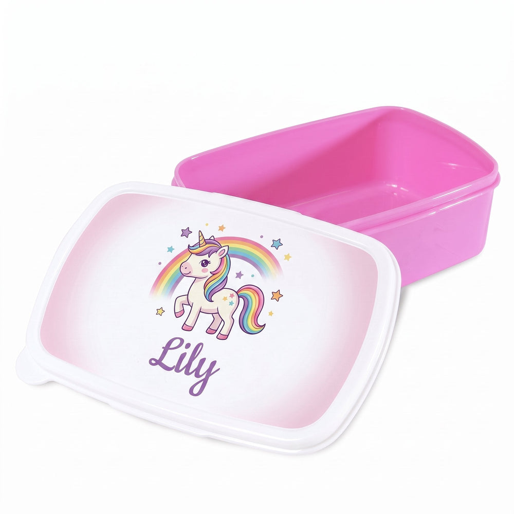 Pink plastic lunch box printed with an illustrated unicorn with stars and a rainbow design and the name Lily