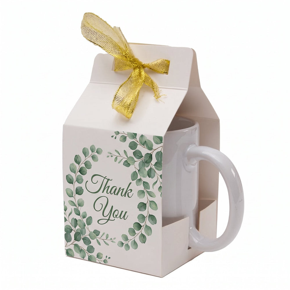 Printable sublimation mug gift box, 11oz, printed with eucalyptus sprigs and the words 'Thank You'
