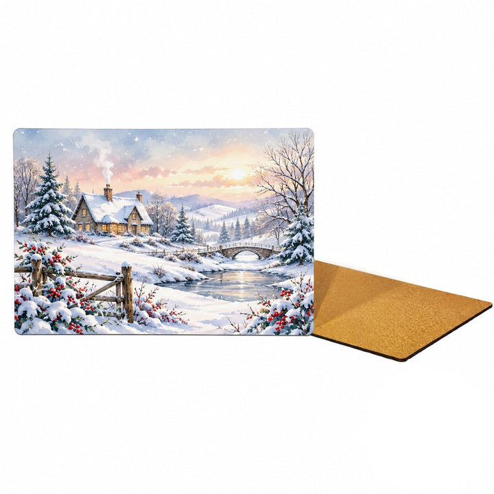 Rectangle MDF placemat with cork, European, printed with a snowy cottage scene, the cork back of a second one behind