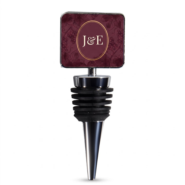 Rectangle wine stopper printed with a hand-printed vine-and-grape pattern