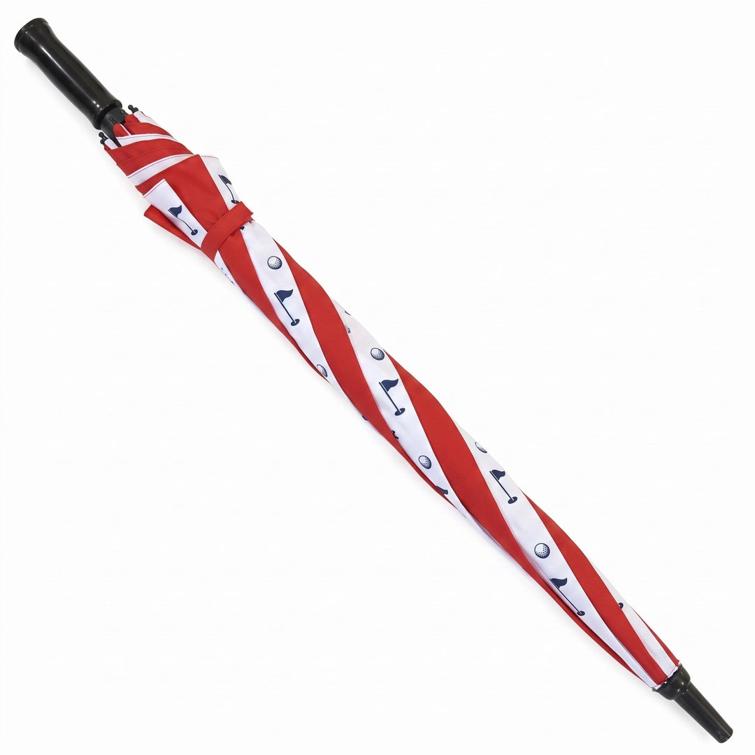 Red &amp; white 30" golf umbrella printed with navy golf flags and golf balls