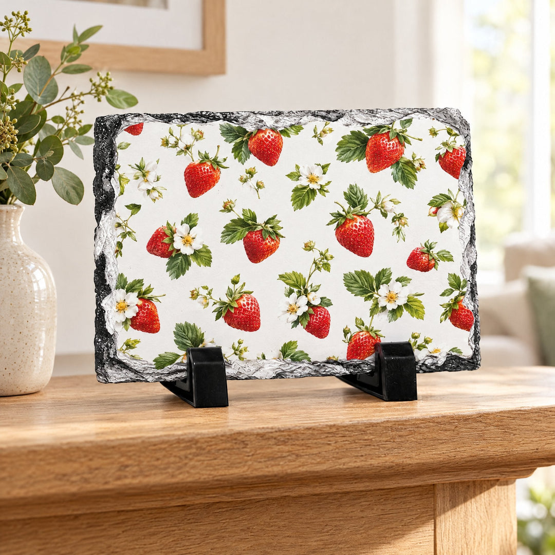 Rock photo slate rectangle 9cm x 14cm printed with ripe strawberries and blossom, on a wooden mantelpiece