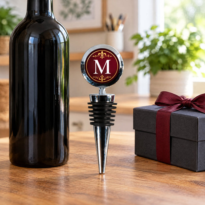 Round wine bottle stopper printed with a monogram M, standing on a wooden kitchen counter