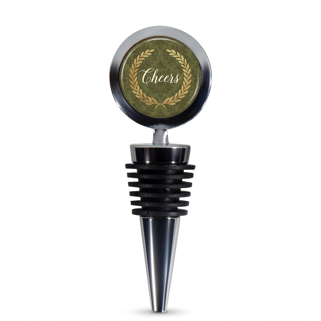 Round wine bottle stopper printed with a tonal damask of olive branches design and the words &
