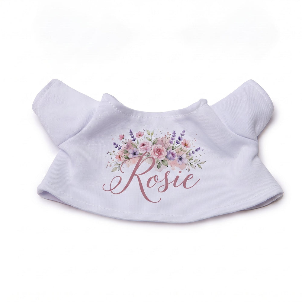 Small sublimation T-shirt for plush toy printed with the name Rosie under a spray of pink roses and lavender