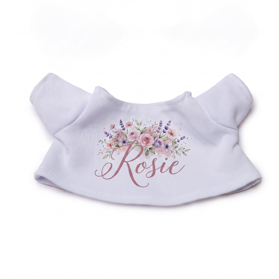 Small sublimation T-shirt for plush toy printed with the name Rosie under a spray of pink roses and lavender