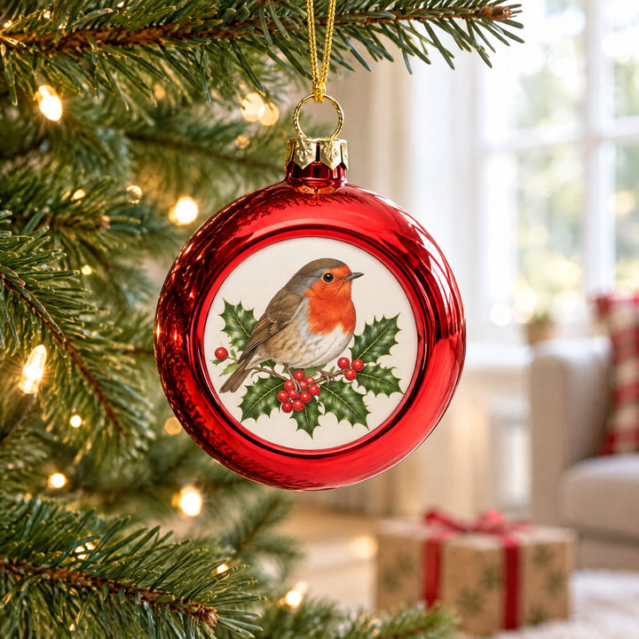 Spare insert for plastic Christmas baubles printed with an illustrated robin design, hanging from a Christmas tree