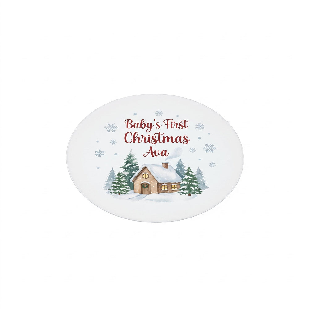 Spare insert for plastic Christmas baubles printed with a snowy little cottage with fir trees design and the name Ava