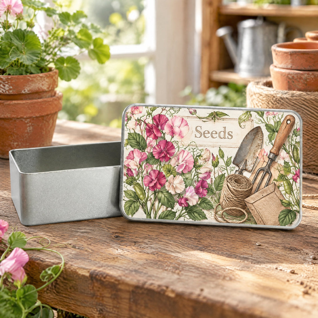 Spare insert for rectangle metal tin printed with a vintage seed-packet design and the words &