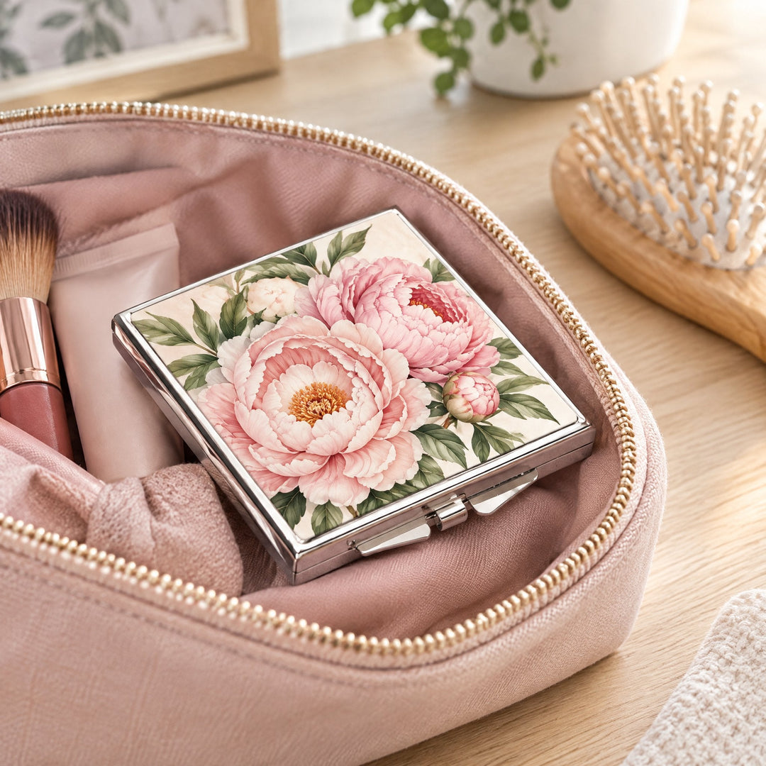 Spare insert for square sublimation compact mirror printed with peonies and green leaves, in a make-up bag