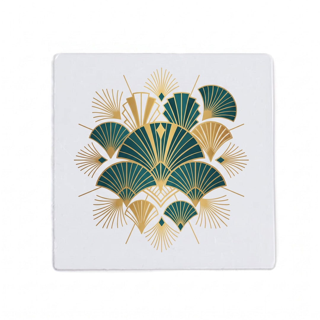 Spare insert for square sublimation compact mirror printed with an art-deco gold and teal fan motif