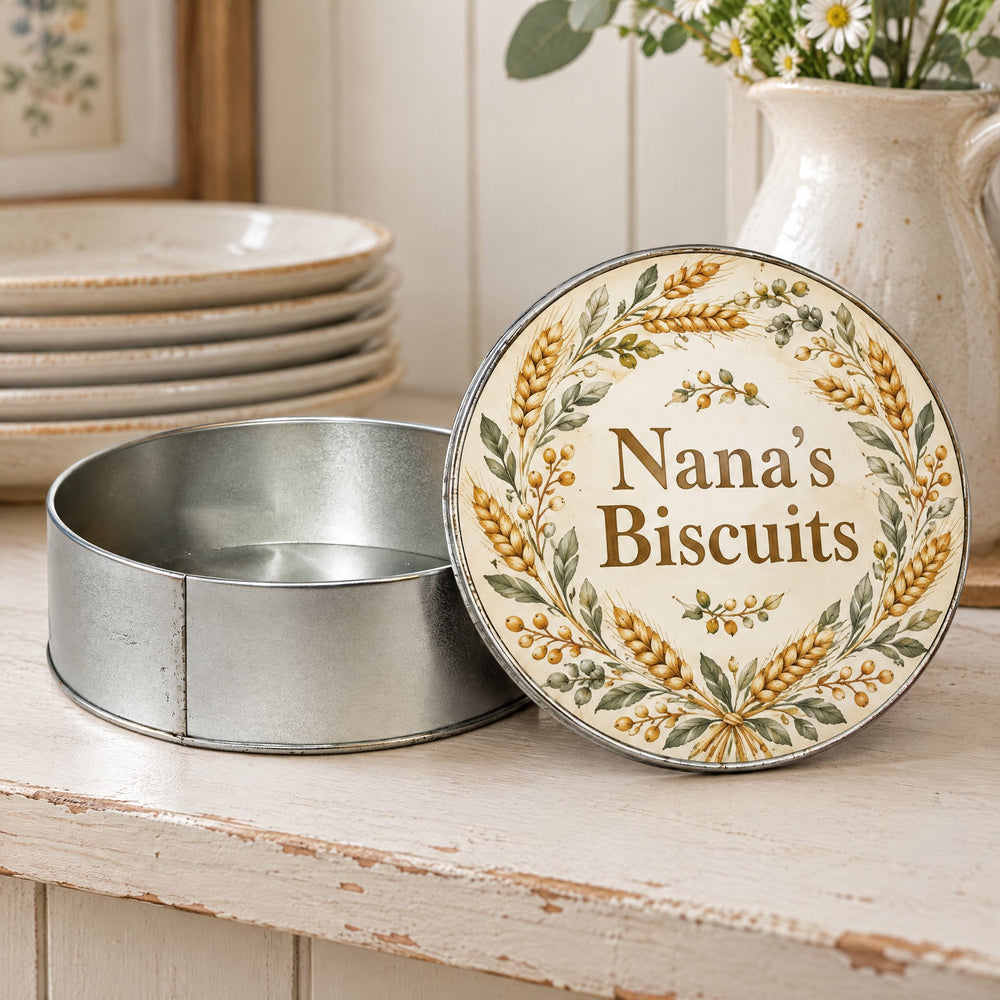 Spare insert for the round metal tin printed with illustrated wheat sprigs, on a kitchen dresser shelf