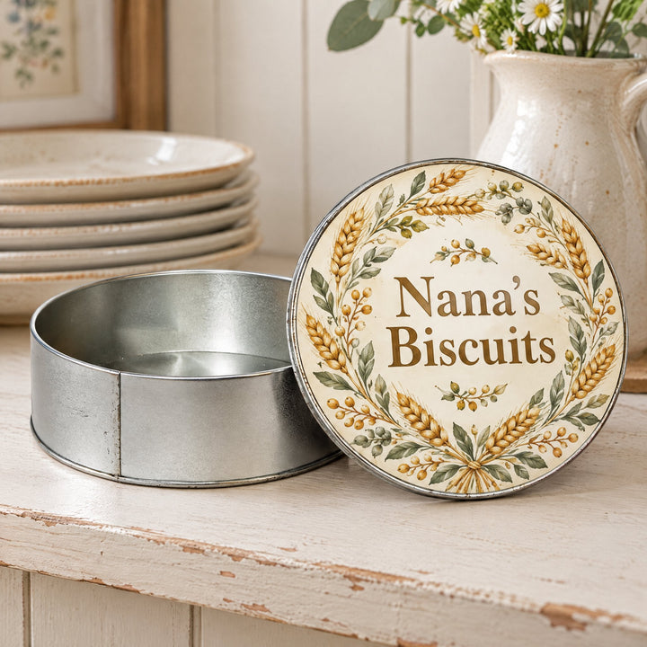 Spare insert for the round metal tin printed with illustrated wheat sprigs, on a kitchen dresser shelf