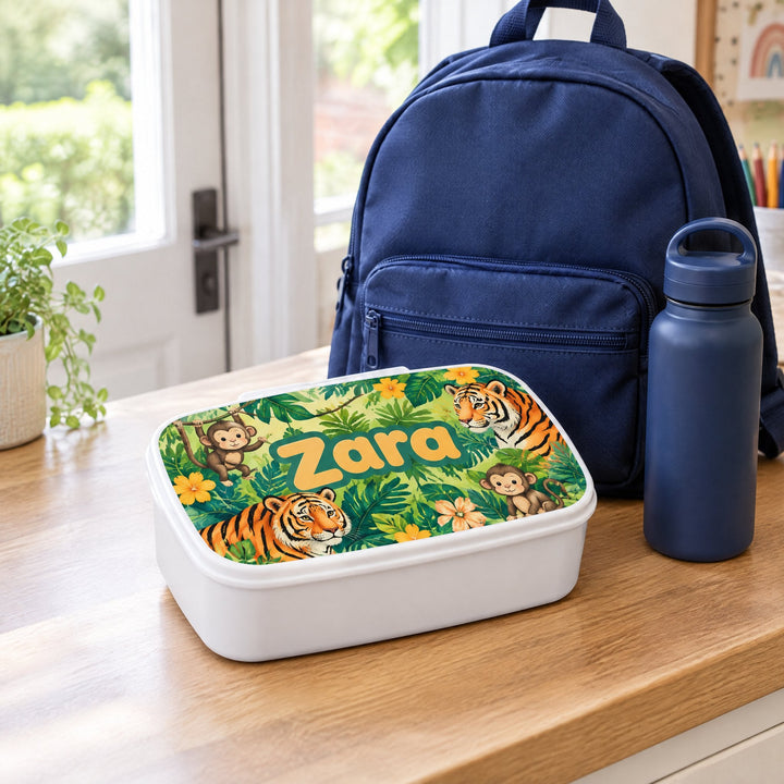 Spare inserts for the lunch boxes printed with illustrated tigers and monkeys and the name Zara, on a kitchen bench