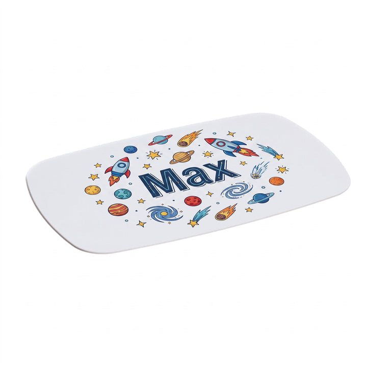 Spare inserts for the lunch boxes printed with illustrated rockets, planets and stars and the name Max