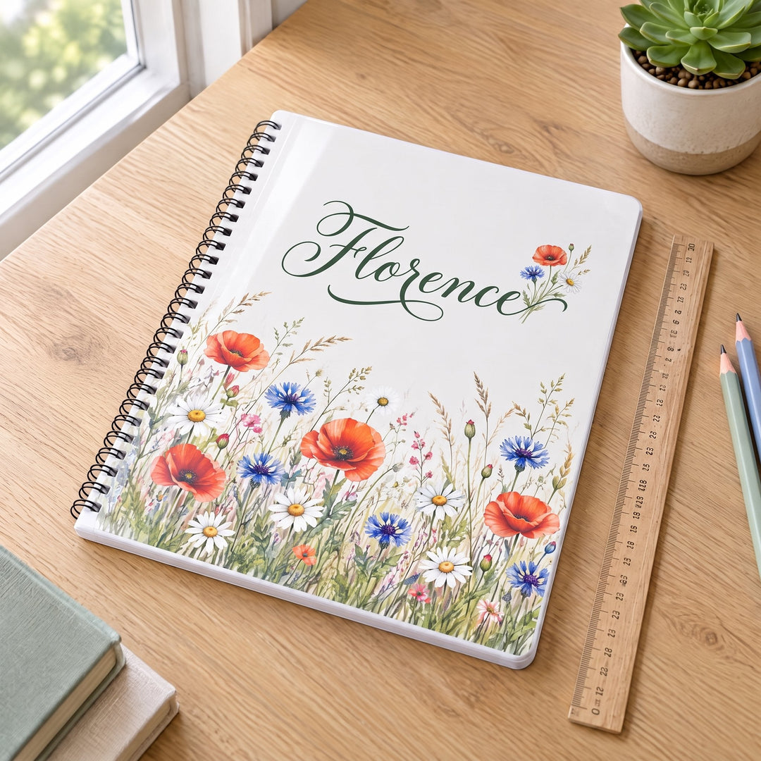Spare plastic covers for the A4 notebooks printed with the name Florence, in use