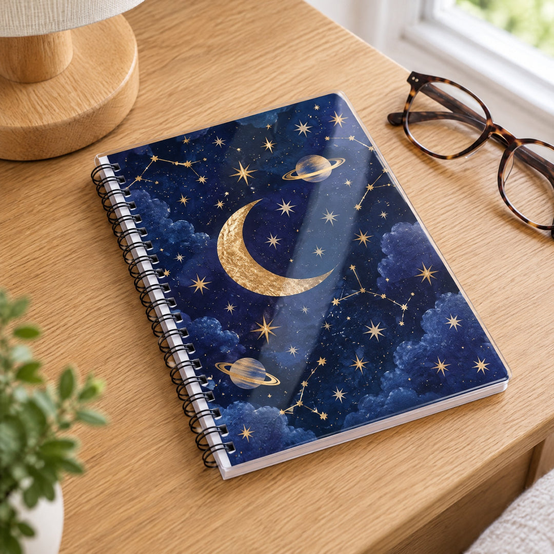 Spare plastic covers for the A5 notebooks printed with a gold moon and stars on navy, on a wooden bedside table by glasses