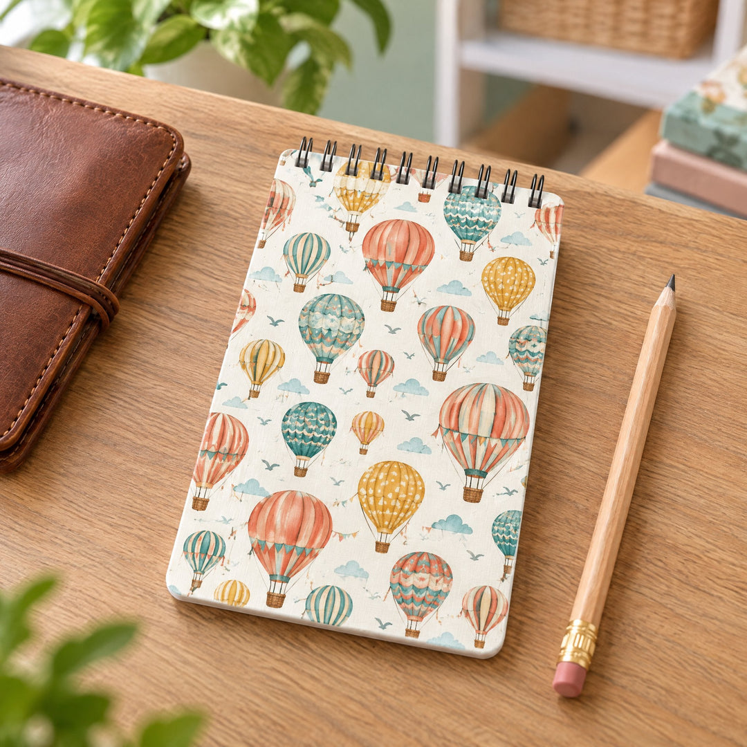 Spare plastic covers for the A6 notebooks printed with illustrated hot-air balloons, on a café-style table