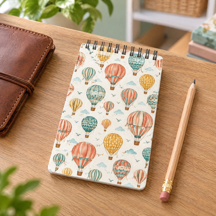 Spare plastic covers for the A6 notebooks printed with illustrated hot-air balloons, on a café-style table