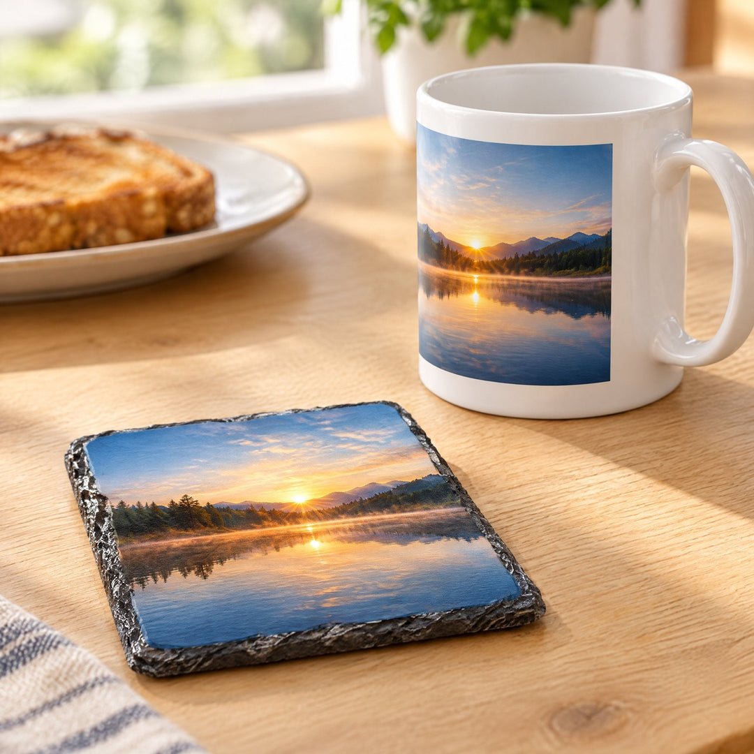 Square slate mug coaster printed with a calm lake at sunrise design, on a wooden kitchen table