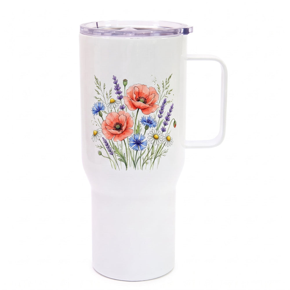 Stainless steel sublimation travel tumbler, 25oz, printed with two coral poppies