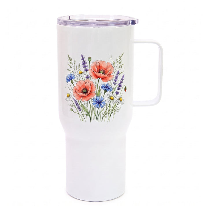 Stainless steel sublimation travel tumbler, 25oz, printed with two coral poppies