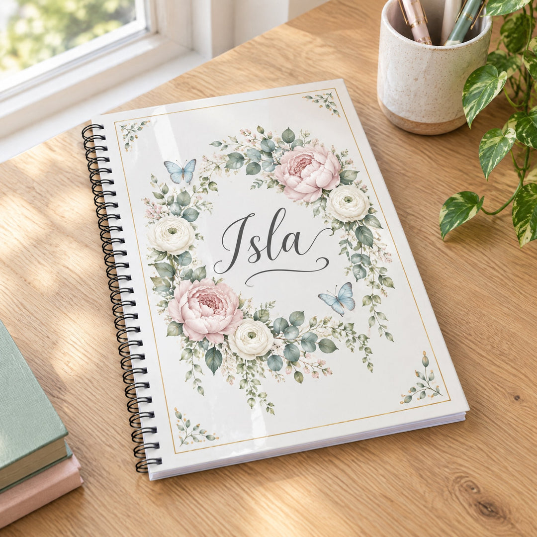 Sublimation A4 notebook printed with a full watercolour botanical and the name Isla, lying on a desk