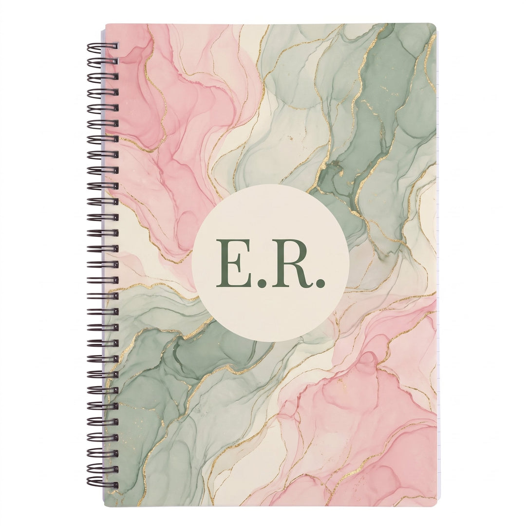 Sublimation A4 notebook printed with a pink, sage-green and cream marbled pattern