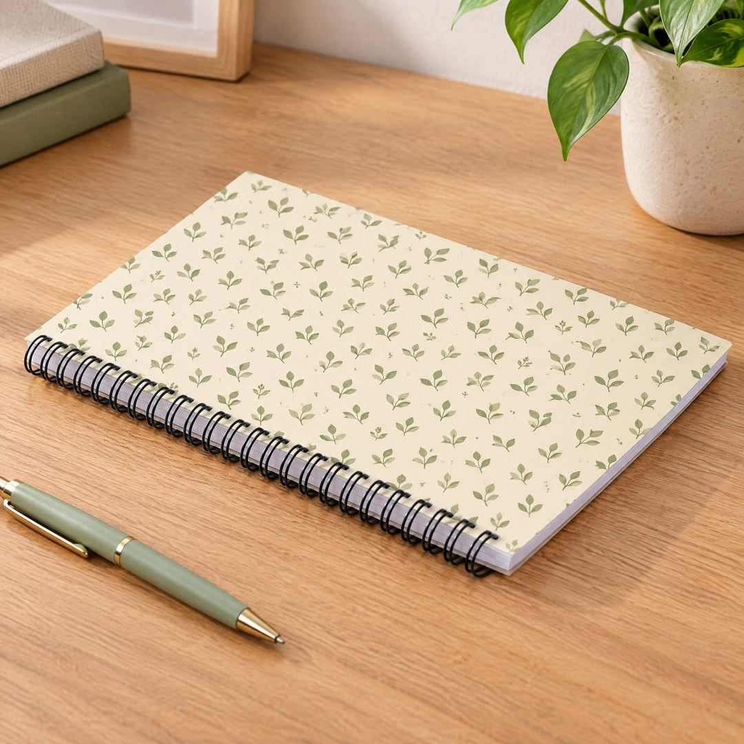 Sublimation A5 notebook printed with sage-green leaves, on a wooden desk