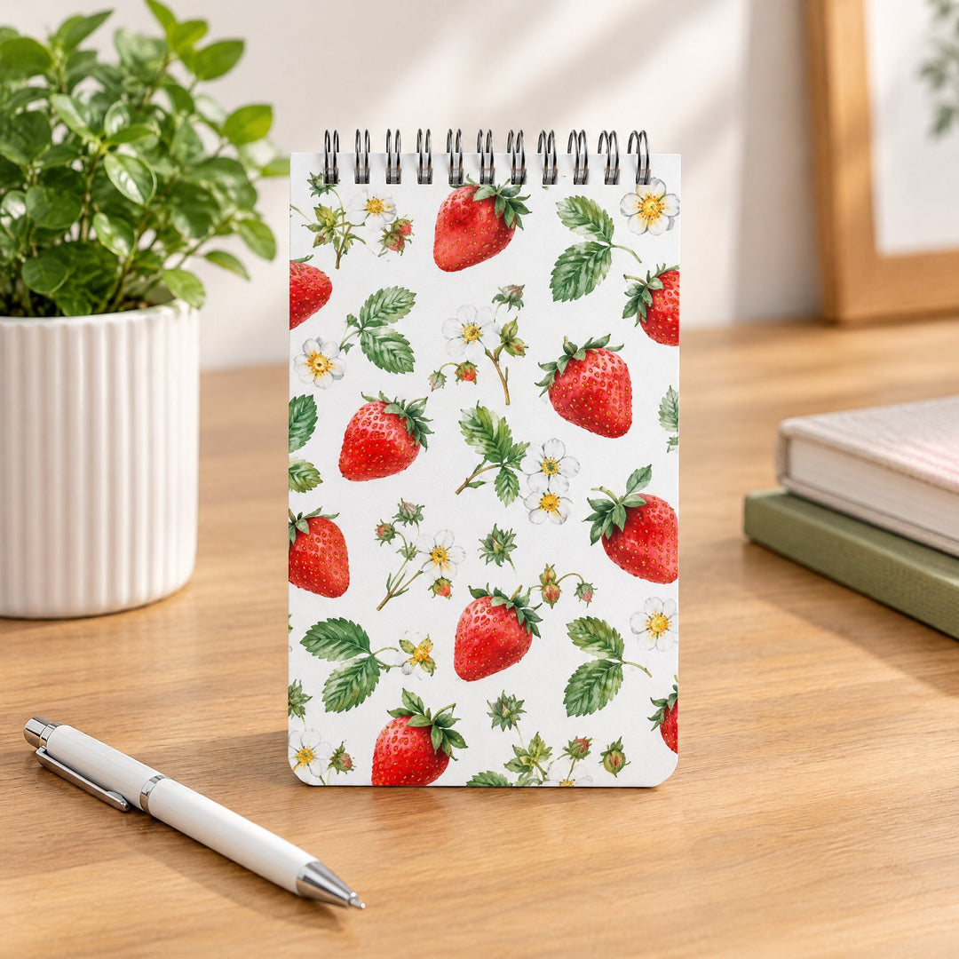 Sublimation A6 notebook printed with ripe strawberries and blossom, on a wooden desk