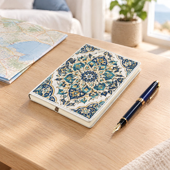 Sublimation A6 PU leather notebook printed with a Moroccan tile medallion, on a travel desk