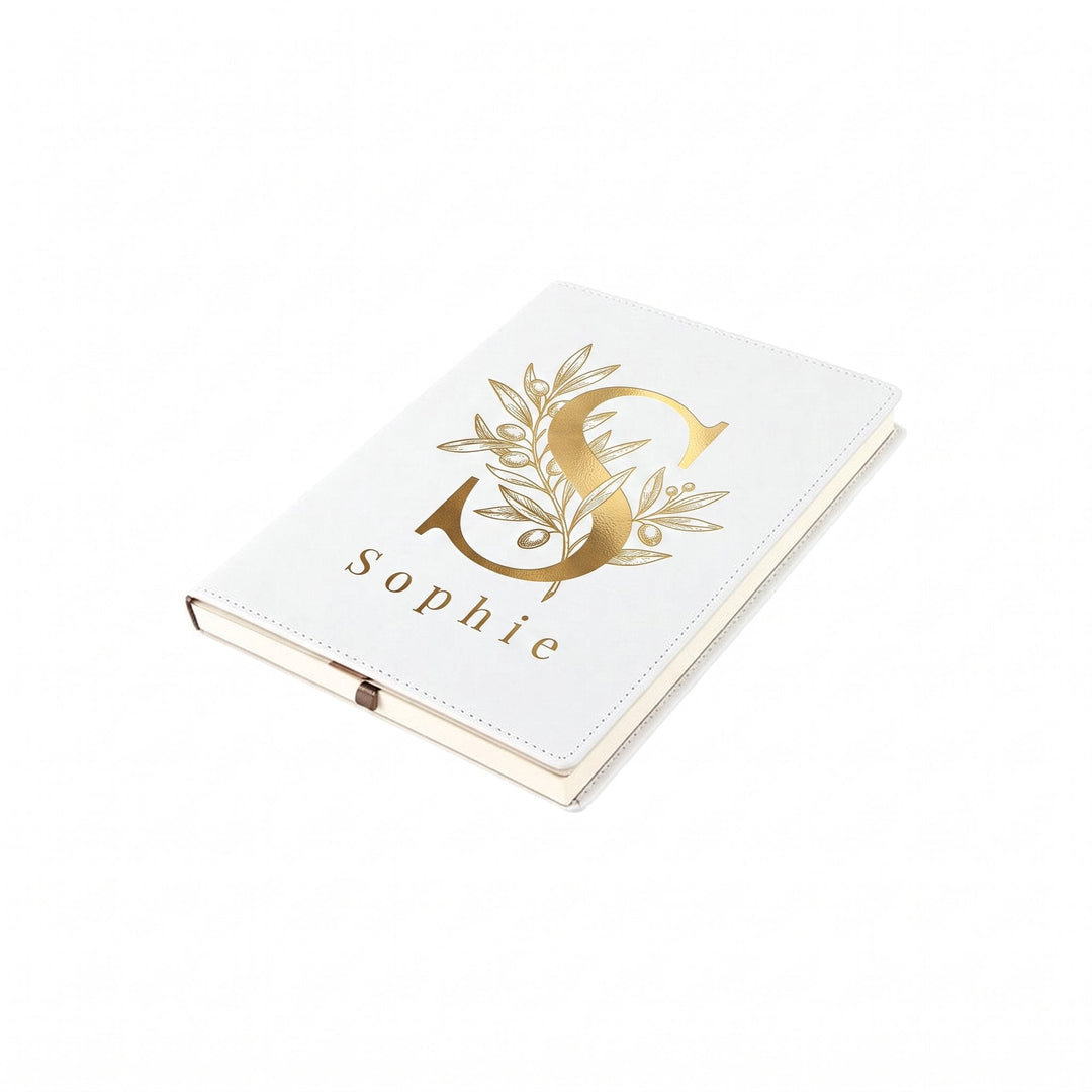 Sublimation A6 PU leather notebook printed with gold-foil-look olive sprigs and the name Sophie