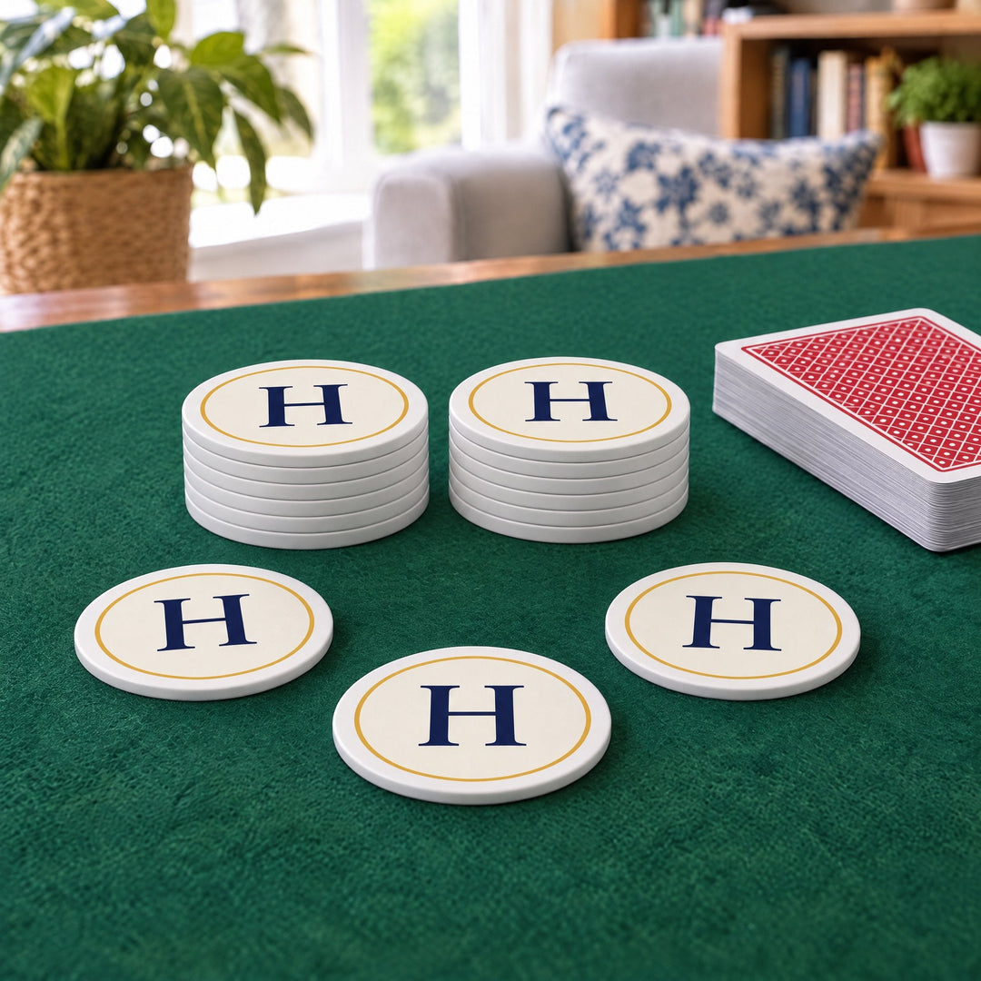 Sublimation blank poker chips printed with two stacks, in use