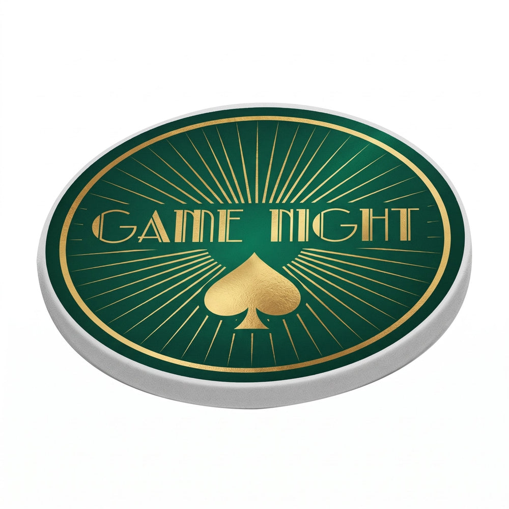 Sublimation blank poker chips printed with gold-foil-look sunburst rays and the words 'Game Night'