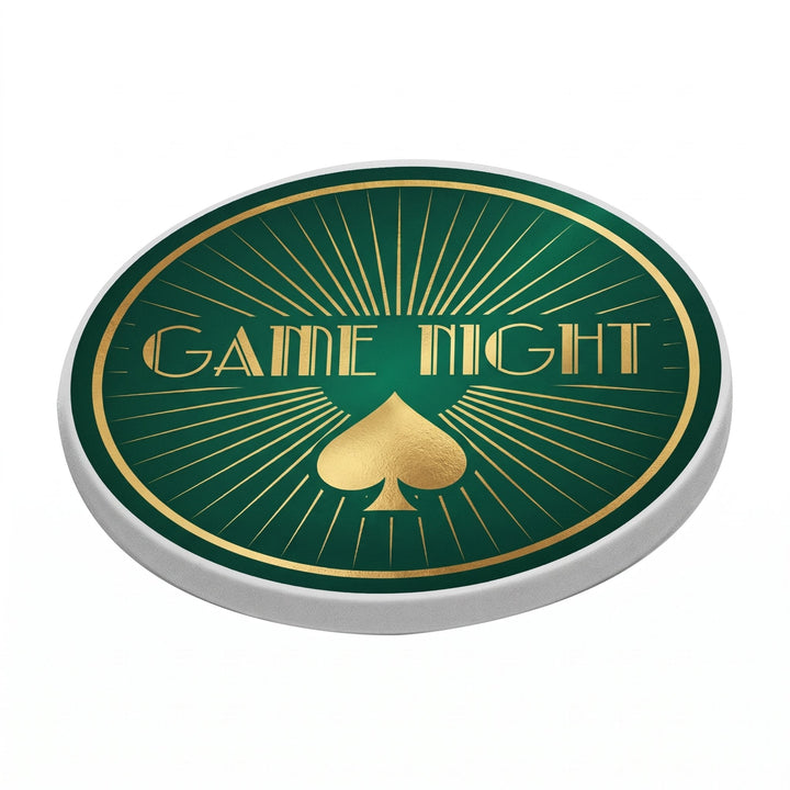 Sublimation blank poker chips printed with gold-foil-look sunburst rays and the words &