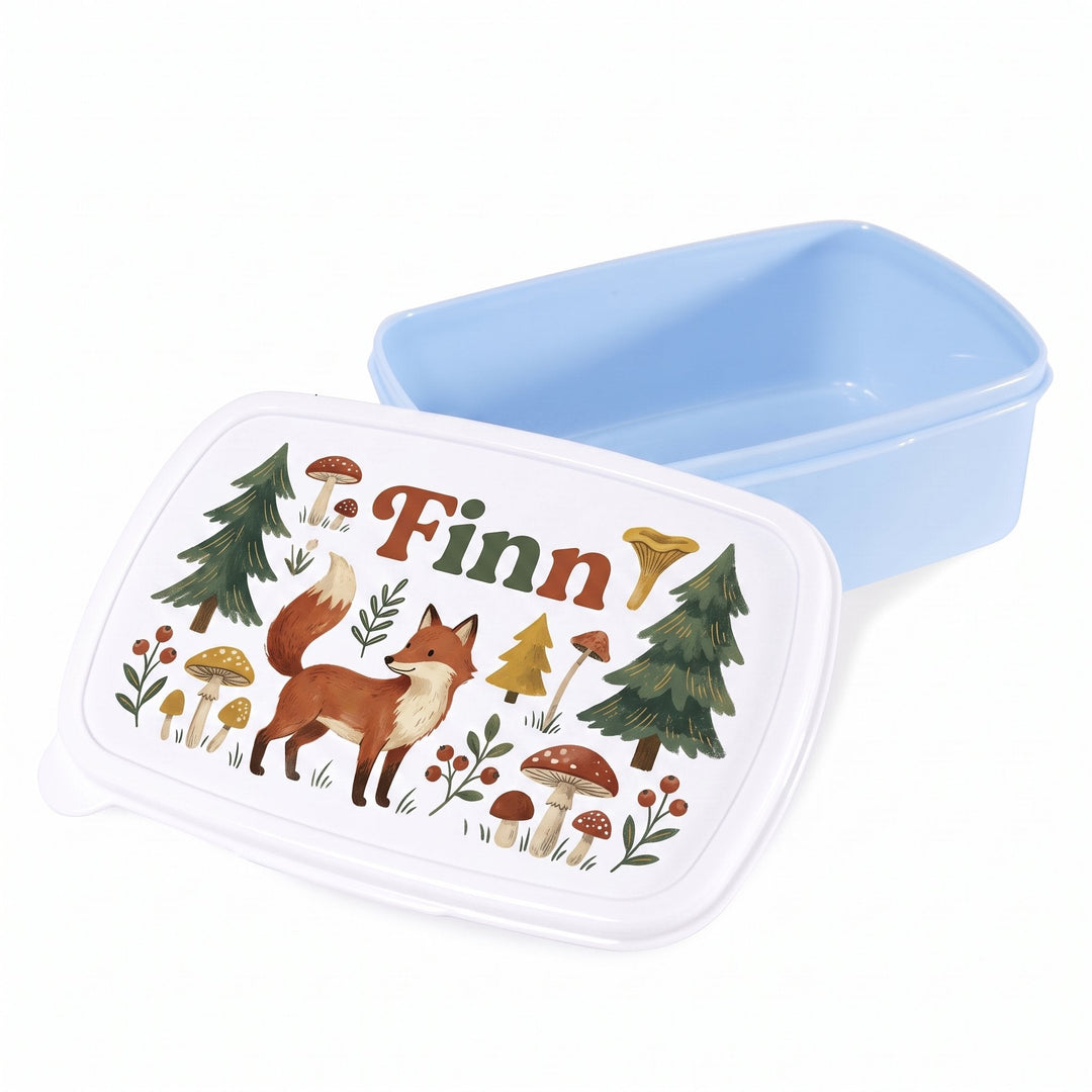 Sublimation blue plastic lunch box printed with a painterly fox design and the name Finn