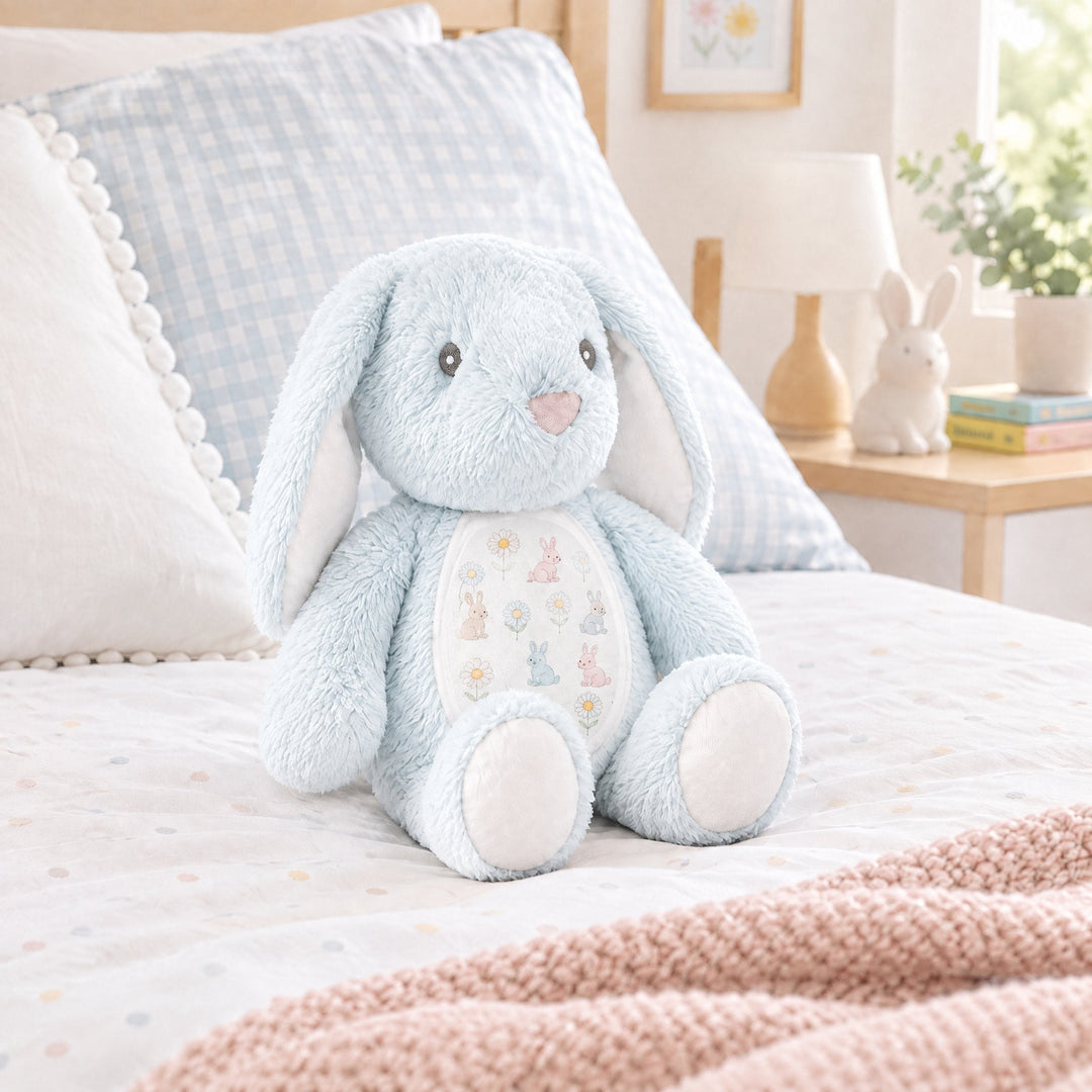 Sublimation blue rabbit plush toy printed with bunnies and daisies, on a child&