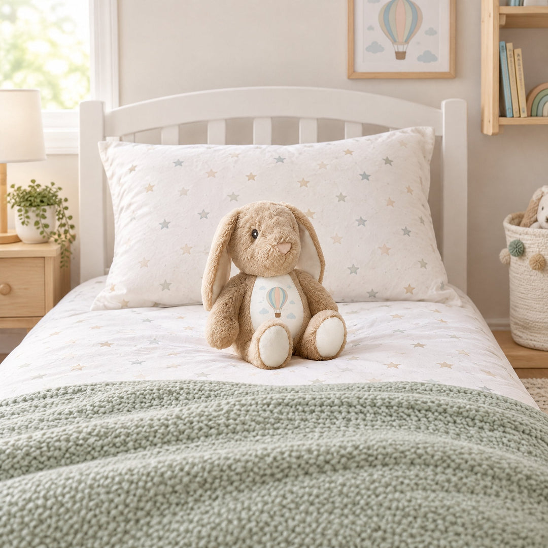 Sublimation brown rabbit plush toy printed with a little hot-air balloon design, on a child&