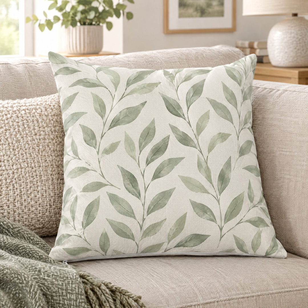 Sublimation cushion cover printed with soft sage-green leaves, on a linen sofa