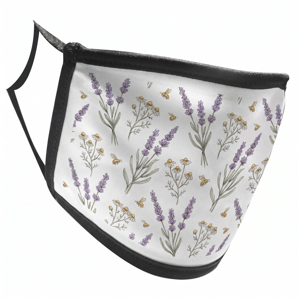 Sublimation face covering, small, printed with sprigs of lavender and sprays of chamomile