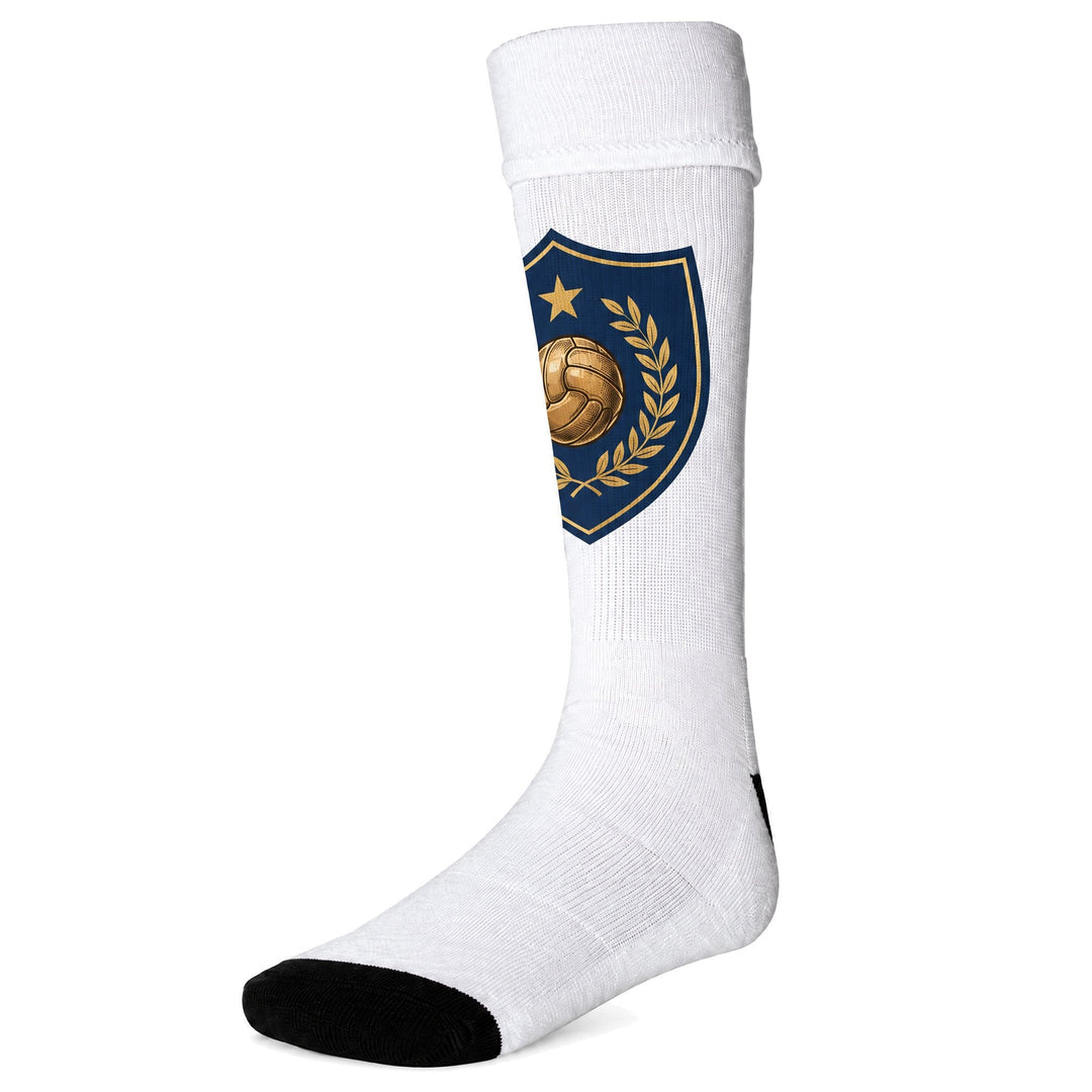 Sublimation football socks printed with a navy shield, gold star and vintage leather football design
