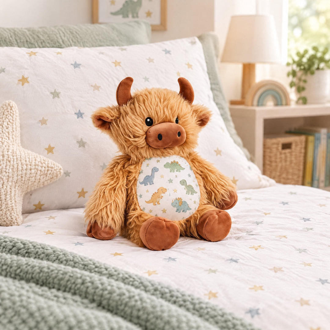 Sublimation Highland cow plush toy printed with cartoon dinosaurs and stars, on a child&
