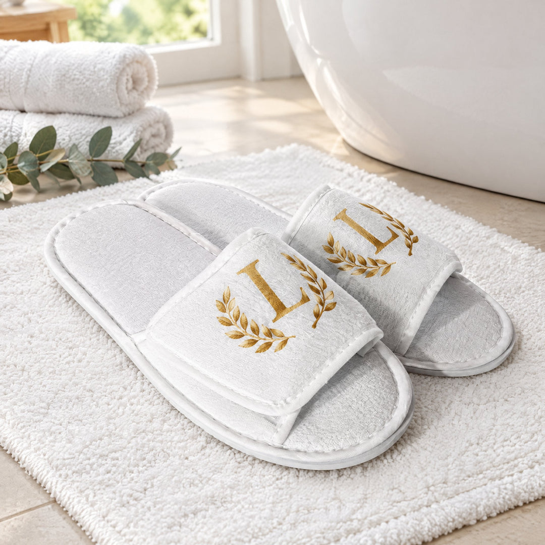 Sublimation hotel slippers printed with a monogram L, on a bath mat