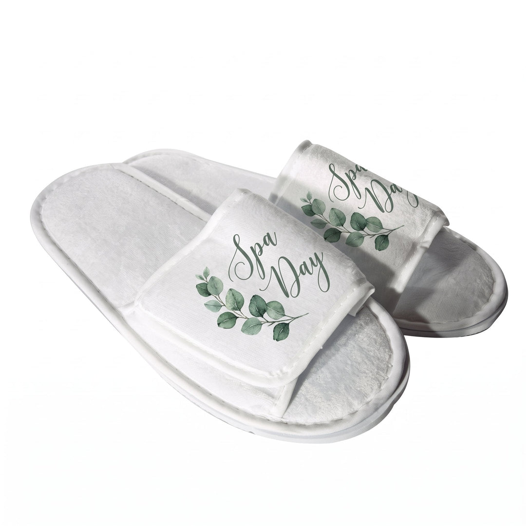 Sublimation hotel slippers printed with a watercolour eucalyptus sprig and the words &