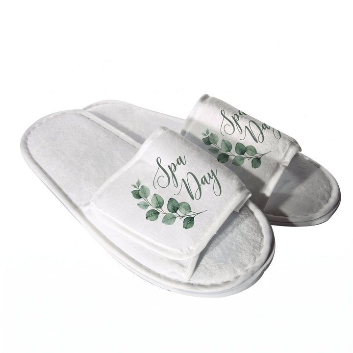 Sublimation hotel slippers printed with a watercolour eucalyptus sprig and the words &